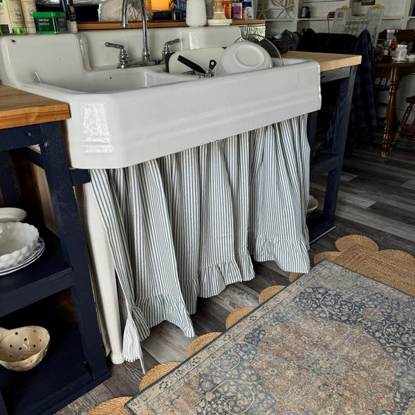 Custom Ruffled Linen Sink Skirt - Farmhouse Kitchen Cabinet Curtain ...