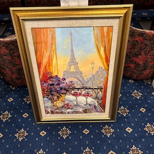 パリのカフェ絵画 オリジナルフレンチビストロアート ワイングラス絵画