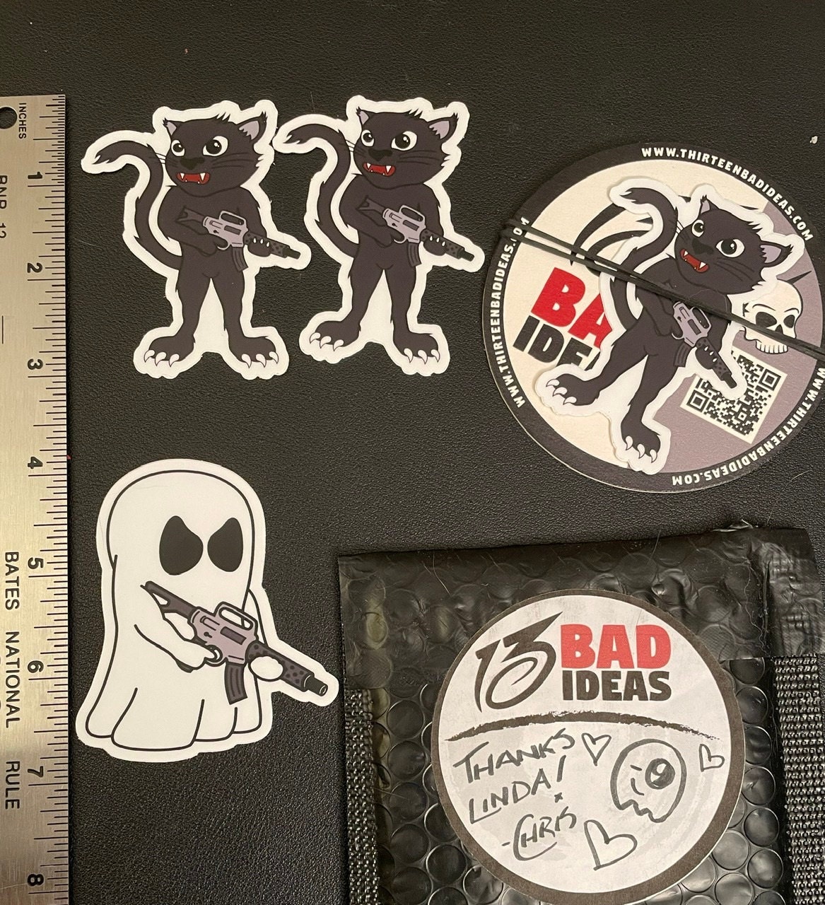 I love cats and I love guns! I appreciate that this shop is able to accommodate my specific interests. The stickers were shipped quickly and well protected and I even received a bonus ghost gun sticker. What’s not to love?!? Thank you Chris!