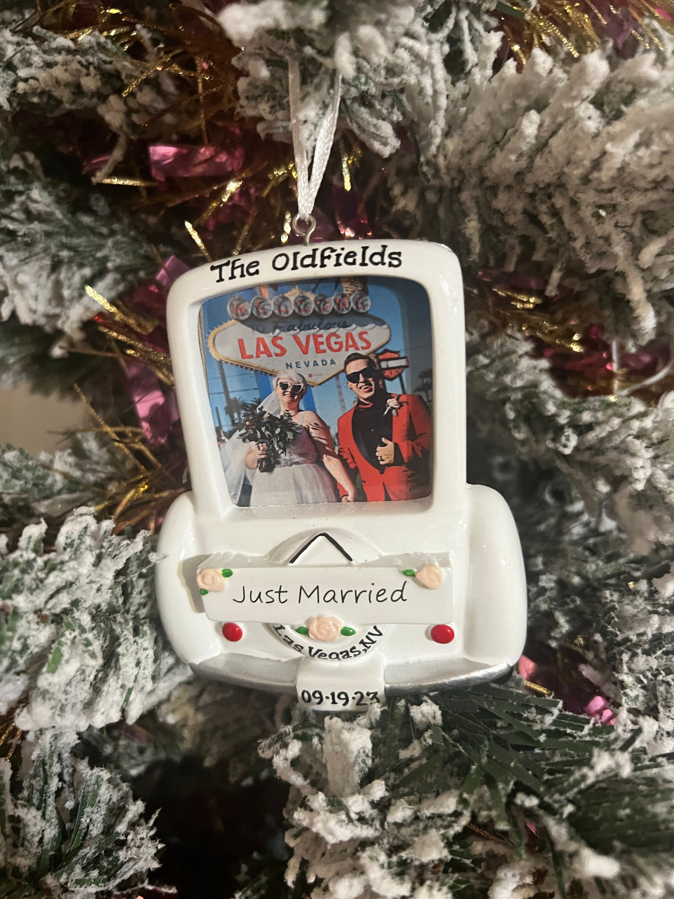 Just Married Wedding Car Picture Frame  Bride and Groom Personalized Newlywed Couple&#39;s 1st Christmas Ornament-Wedding Gift,Mr.Mrs.,Favor