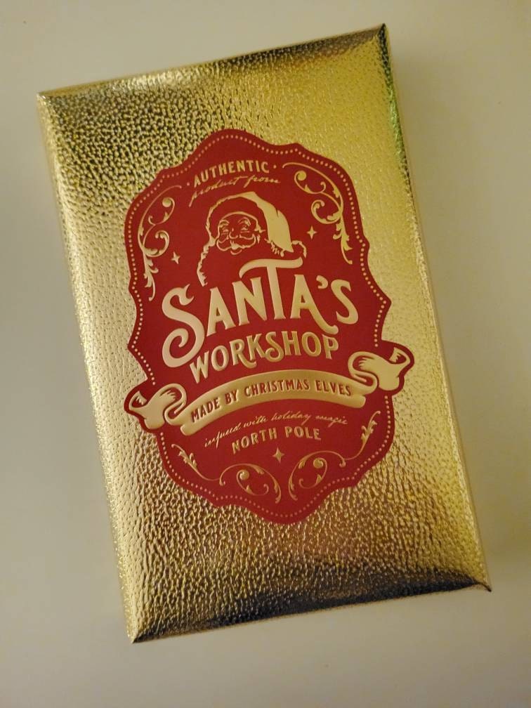 Christmas Gift Tag Stickers for Children's Holiday Presents, Premium Large Gold Embossed Labels for Kids Gift Wrapping, Santa's Workshop