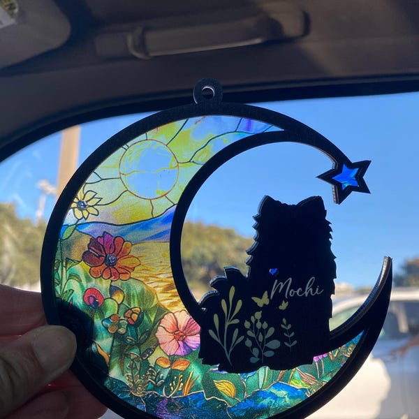 BOXCASA Dog Memorial Gifts For Dog Lovers,Dog On Moon Stained Glass Window Hanging For Suncatcher,Loss Of Dog Sympathy Gift For Dog Lovers, Pet