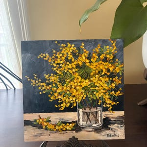 オリジナルの厚塗り油絵、花の静物画、植物のアートワーク、ミモザの