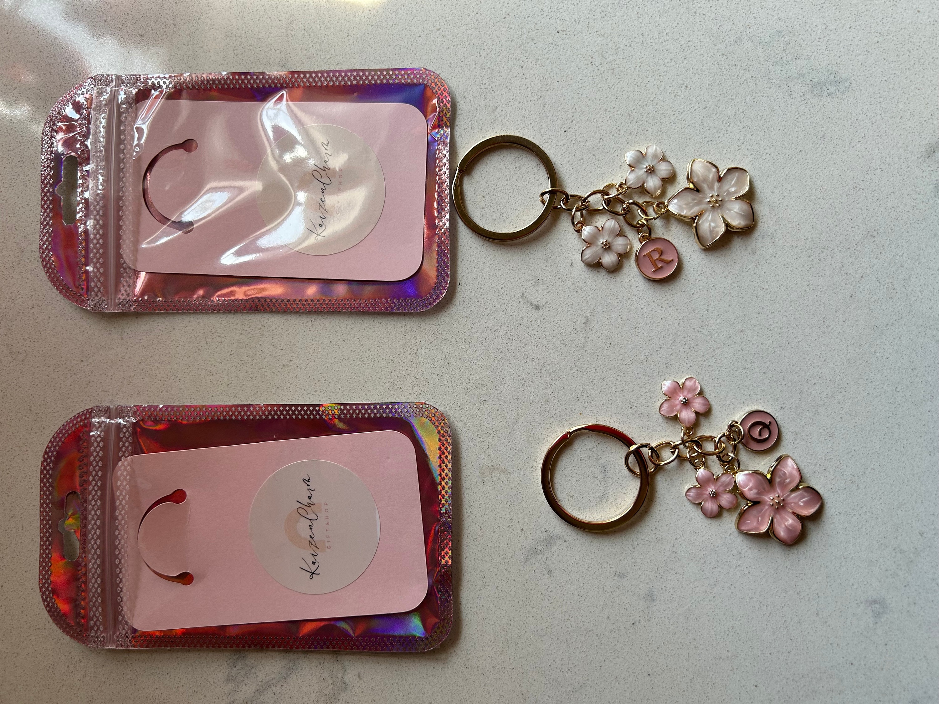 Cherry Blossom Pink/White Flower Charms Keychain with Custom Name Initial
