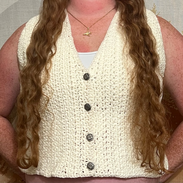 POL Crochet Button-Down Vest with Scalloped Edges