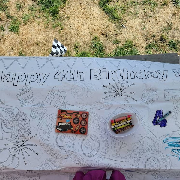Monster Truck Birthday Party Coloring Tablecloth Personalized Monster ...
