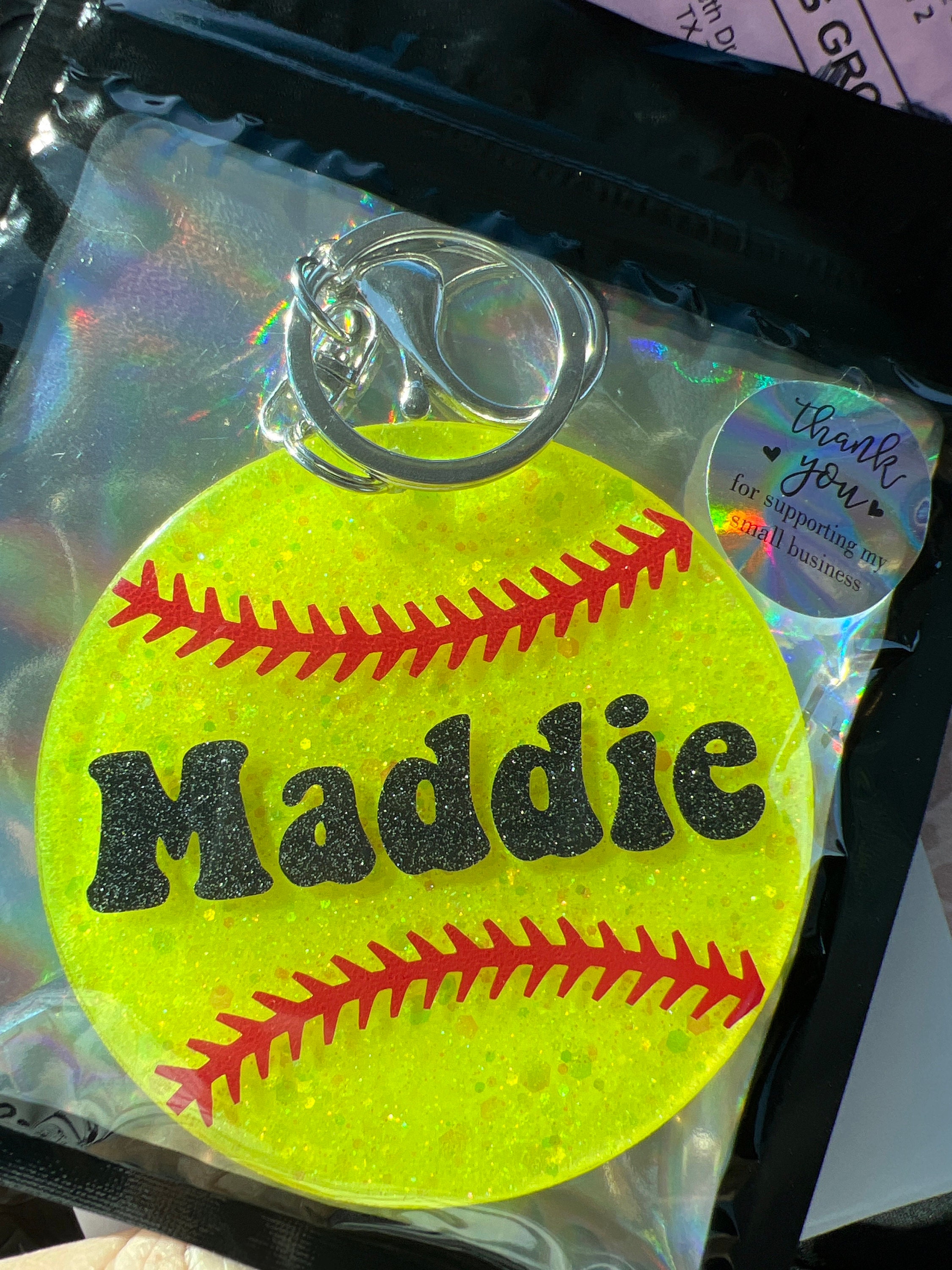 Custom, Glitter Softball Keychain/Bag Tag