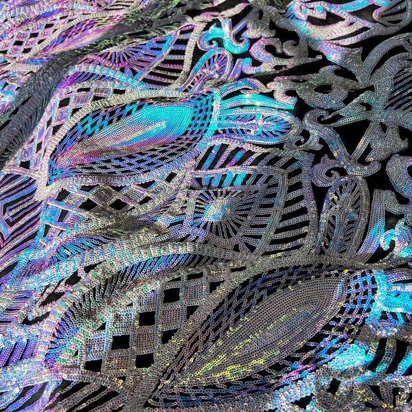 Aqua Blue Iridescent Royalty Sequin Design on a Black 4 Way Stretch ...