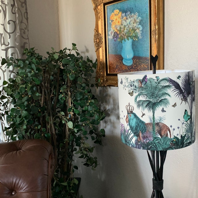 Navy Blue Lampshade Tropical Lion Fabric Lamp Shade Gold 