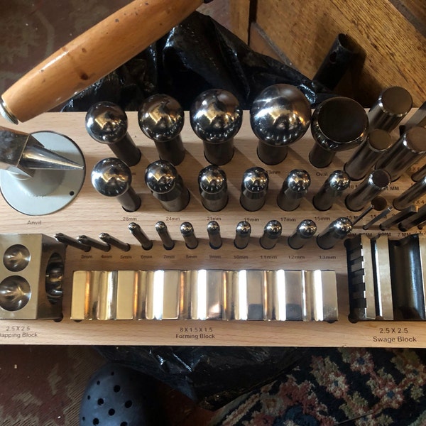 Dapping Set Base Deluxe 43 Piece Dapping and Forming Set With Oval Shapes in Wood Base ...