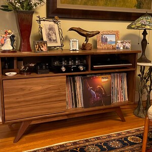 Mid Century Modern Record Player Console. Record Storage the