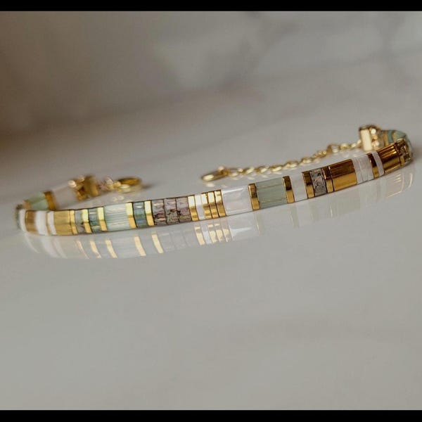 Bracelet Ajustable En Perles Miyuki Tila - Blanc, Turquoise, Doré, Fait Main - Neuf Sans Emballage