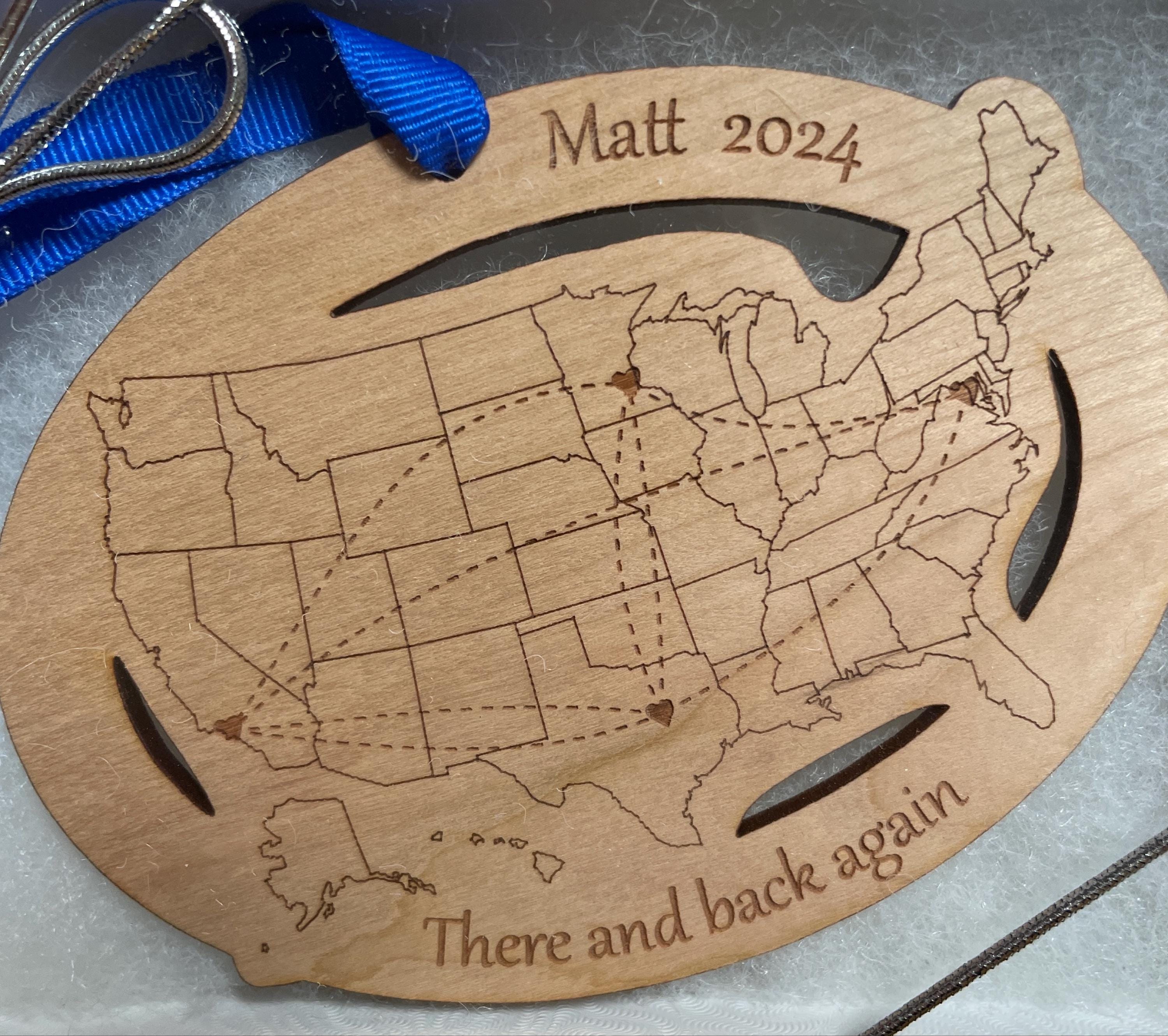 Custom Text and Cities US Map ornament, Road Trip Travel Ornament, long distance relationship, 50 state marathons