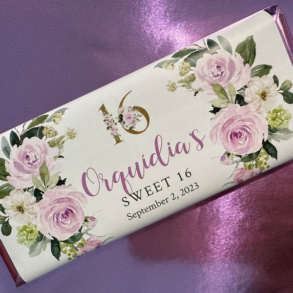 Sweet 16 Candy Bar Wrappers, Gold Lilac Floral Chocolate Bar Wrapper ...