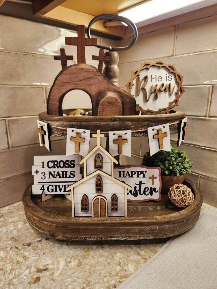 Easter Tiered Tray Decor , Easter Tier Tray , He Is Risen, Religious Easter Decor, Tier Tray Decor, Mini Wood Signs, 3D Signs, Easter Decor