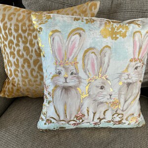 Golden Garden Bunnies Pillow Easter Pillow Bunny Pillow 545 Etsy