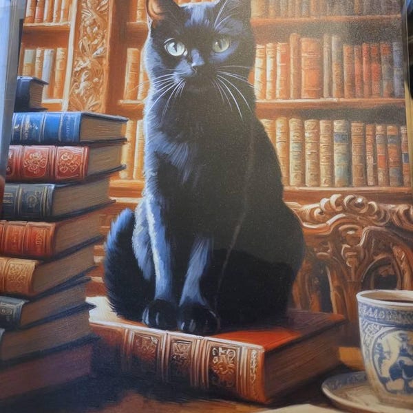 Black Cat in Library Sitting in Window With Scarf & Coffee Sunlight ...