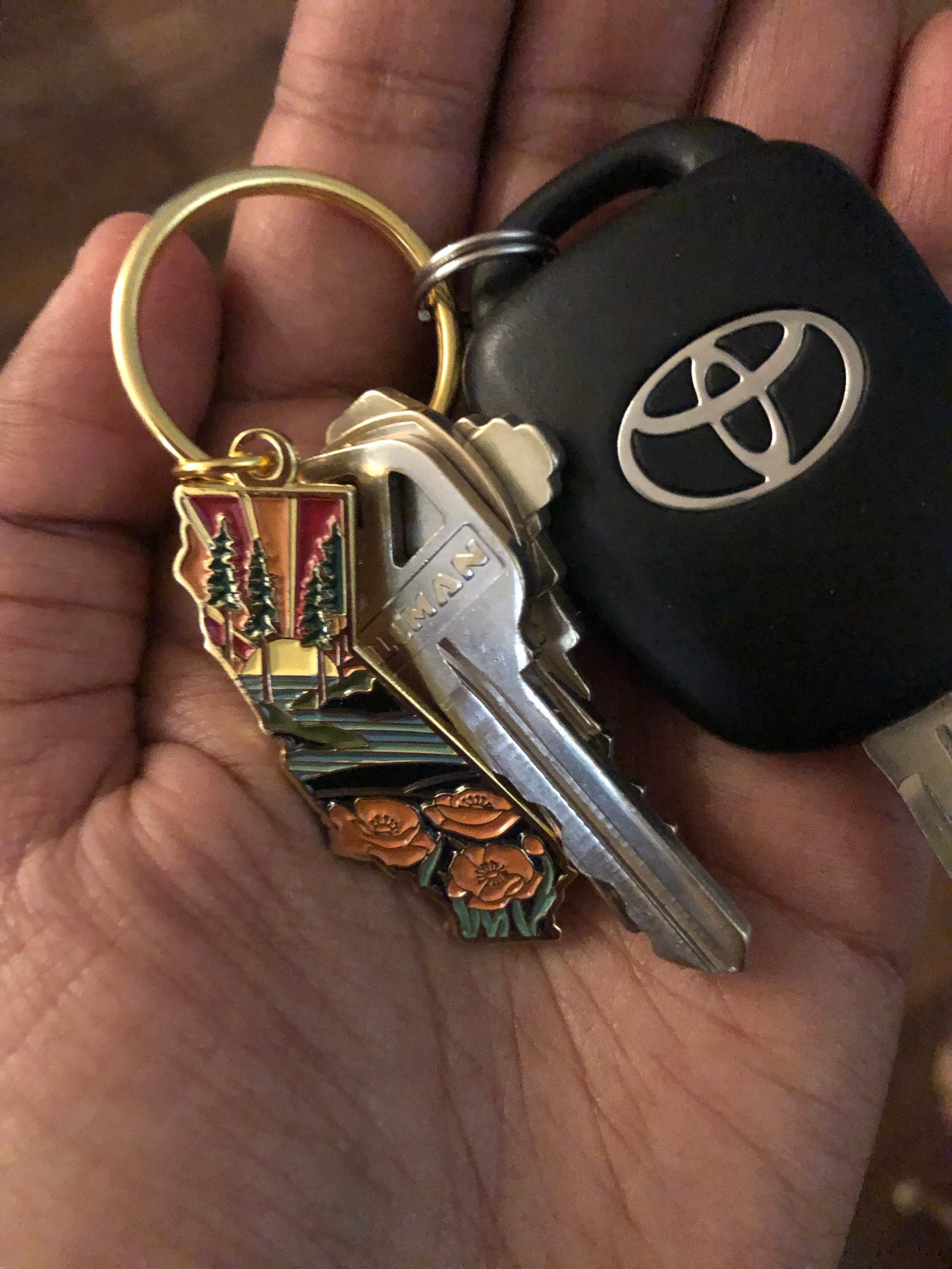 California Poppy Soft Enamel Keychain 1.5&quot; | California Outline Key Ring | Illustrated State Keychain