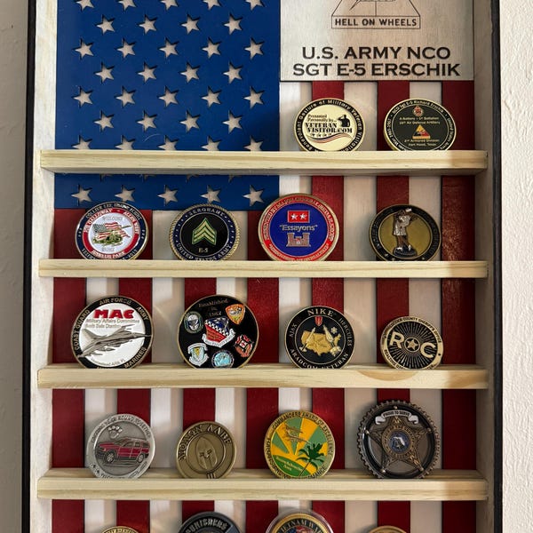 Unique Army Coin Racks Engraved American Flag Military Coin Holder Shelf: Custom Wooden ...