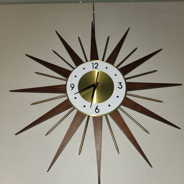 Mid Century Modern Starburst Wall Clock: Walnut Wood & Gold