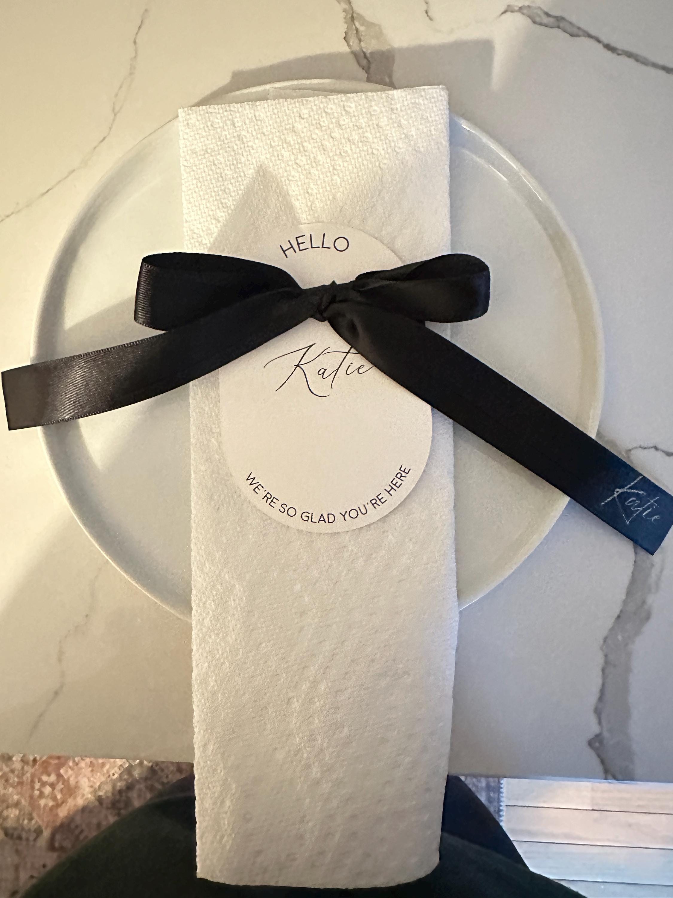 Wedding Place Setting Bow and Drink Tags - Printed Ribbon Name Settings for Modern Decor - Printed Satin Ribbon Place Cards and Drink Tags
