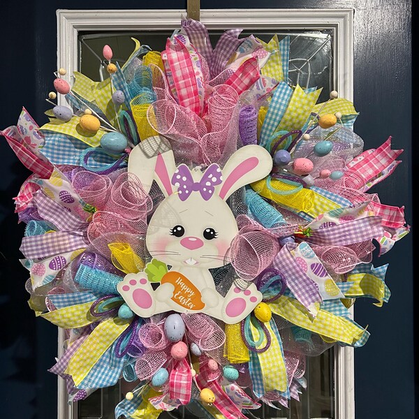 Colorful Easter Bunny Wreath With Eggs and Carrots – Handmade Spring ...
