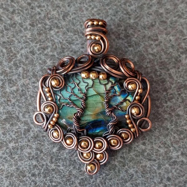 Handcrafted Copper Wire Wrapped Tree Of Life Pendant - Natural Labradorite & Moonstone