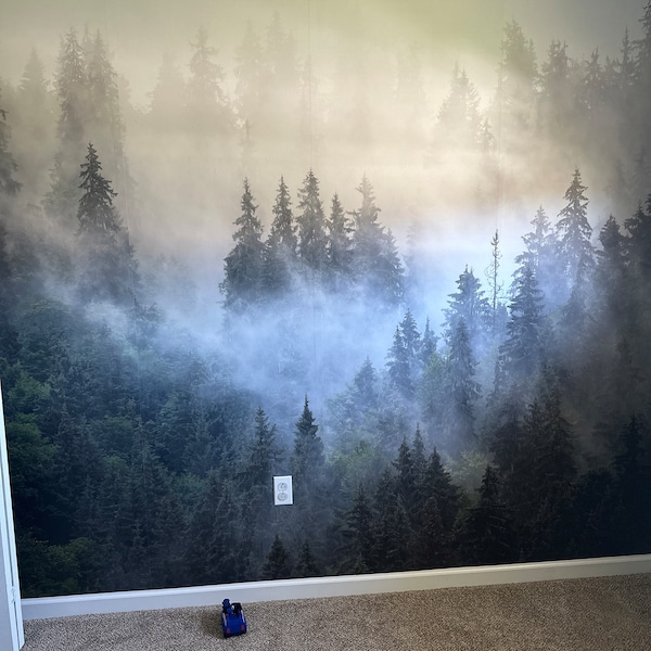 Misty Pine Tree Forest Landscape Peel and Stick Wallpaper Self Adhesive ...