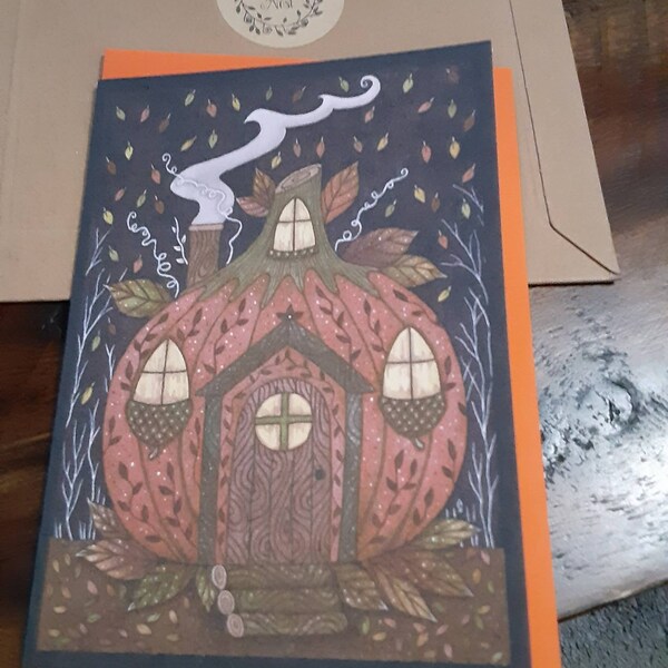 Pumpkin House Card & Envelope - Whimsical Pumpkin Fairy Pixie Cottage ...
