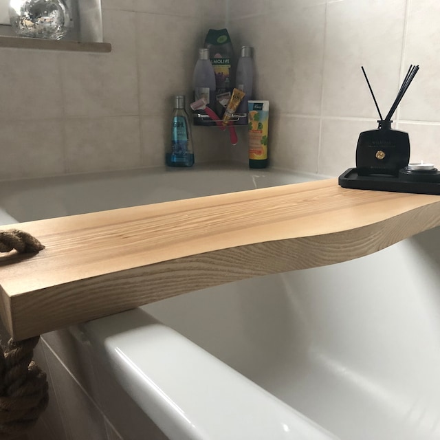 Black Wooden Bath Caddy, Bath Shelf, Bath Accessories, Live Edge