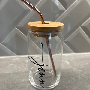 Personalized 16 oz Glass Cup with Bamboo Lid and Straw/ Vasos Personalizados