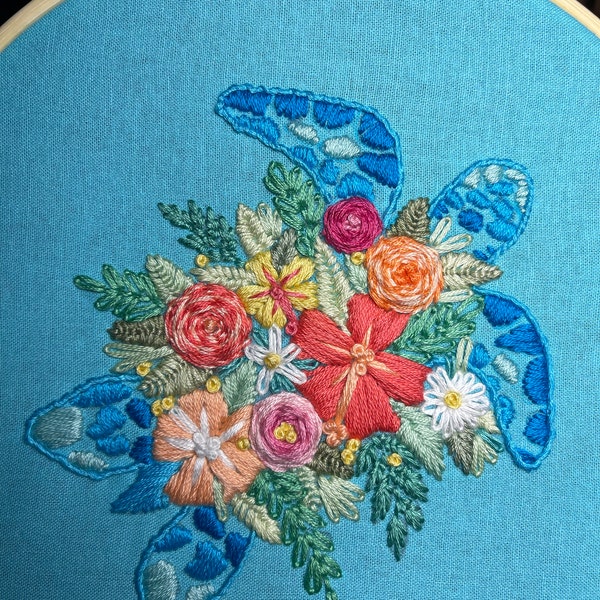 PDF Pattern - Tropical Turtle, Floral Shell Sea Turtle Embroidery ...