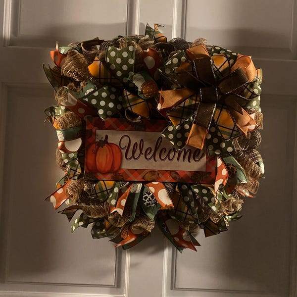Fall Welcome Wreath for Front Door, Pumpkin Deco Mesh Wreath With Wired ...