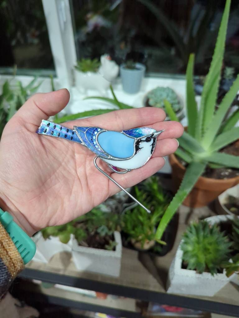 Stained glass Blue Jay Bird Suncatcher Stained glass planter decor 50th birthday gift for women Unique handmade gift Home Plant Dicoretion