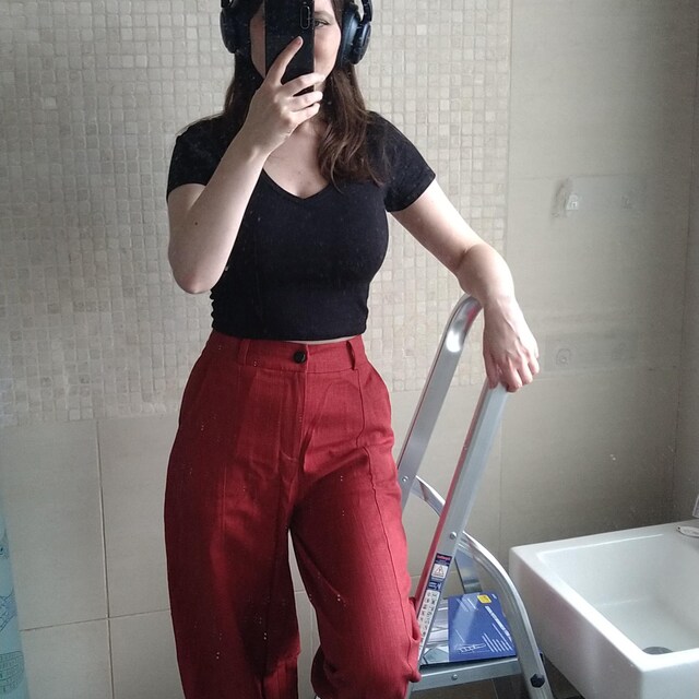 Guolezeev Pantaloni Larghi Donna A Vita Alta Con Elastico – Gamba Larga, Seta Lucida – Rosso, XL - 2