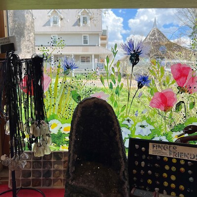 Watercolour Spring Meadow Window Decal Reusable Pink Blue Flower Window ...