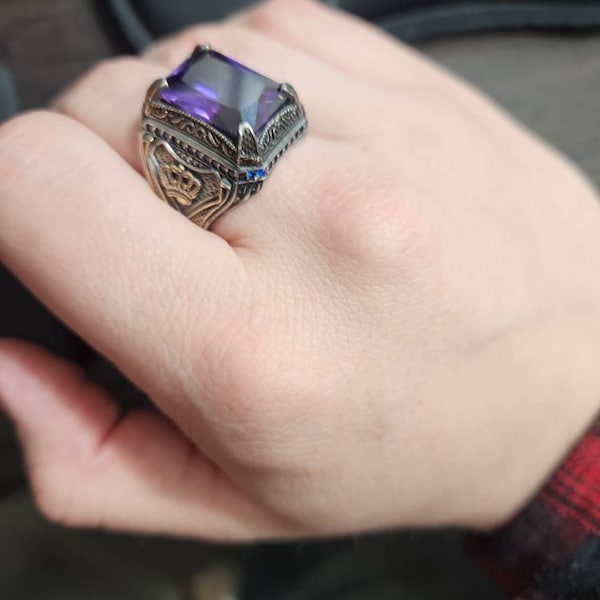 PYTALI Men's Amethyst Ring – S925 Sterling Silver Handmade Vintage Ottoman Style Ring, Sizes 4-16
