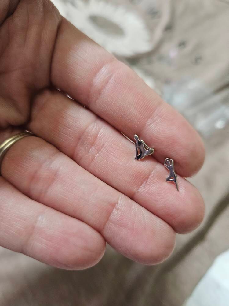 Mismatched Yoga Pose Stud Earrings in Sterling Silver, in Silver or Gold or Rose Gold,   Asymmetric Yoga Earrings, Silver Meditation Earring