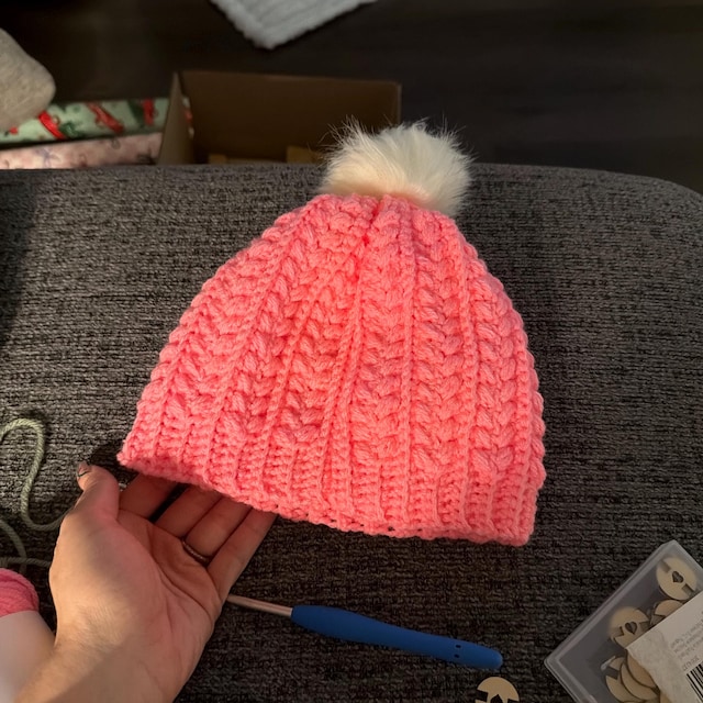 A customer's finished Snowy Wheat Stitch Puff Crochet Beanie Pattern