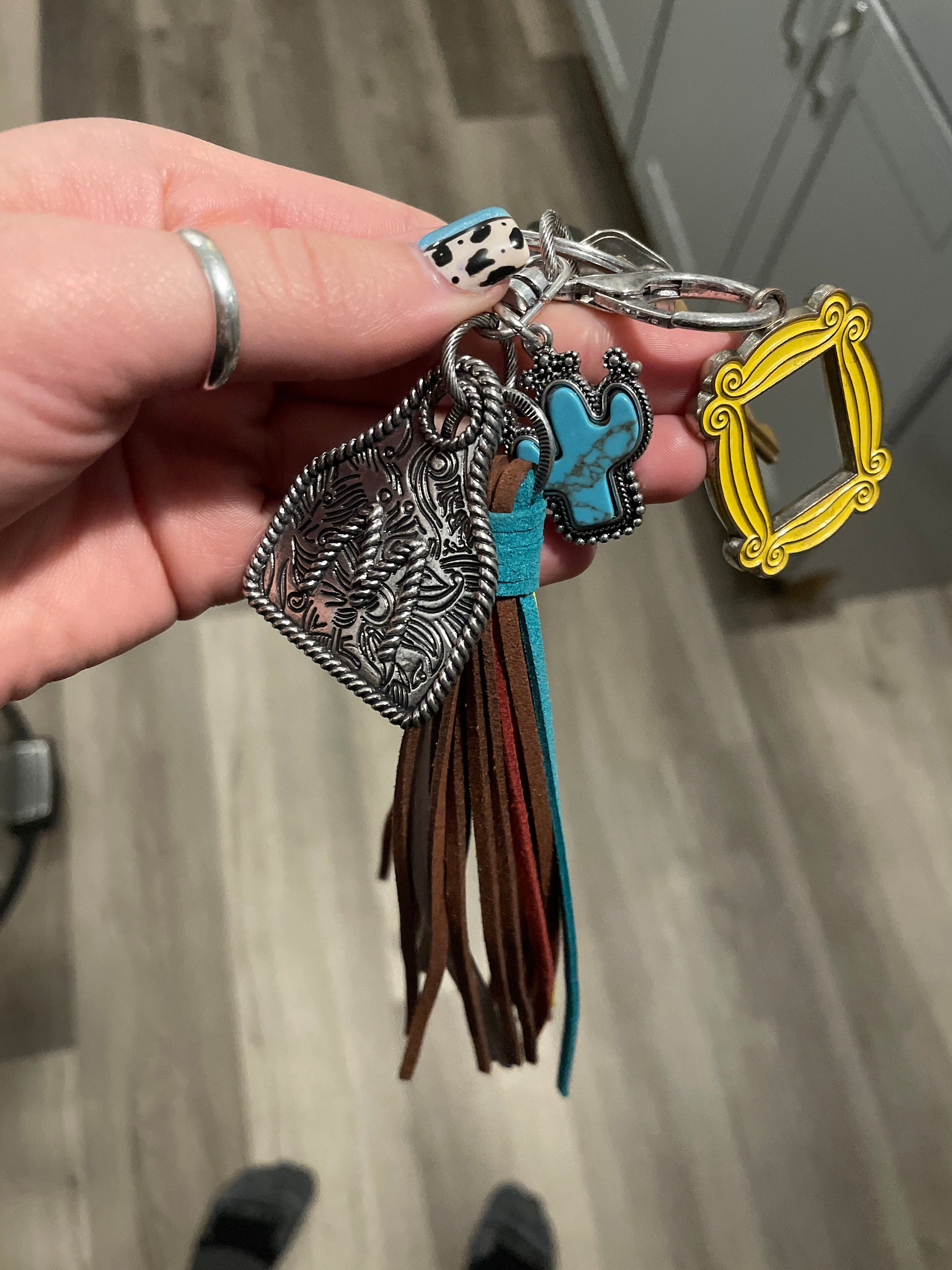Initial Monogram Keychain/ Turquoise Charm/Initial Cattle Ear Tag Keychain/multi color tassel fringe keychain