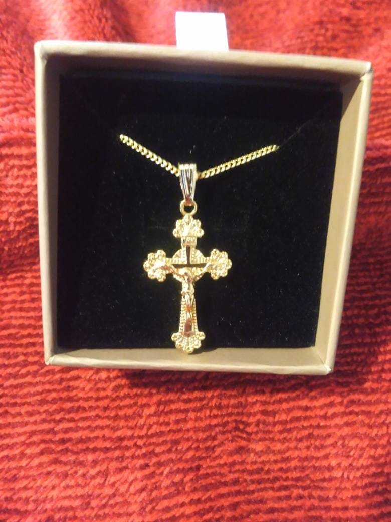 Gold Cross Necklace, Personalized Initial, Hand Stamp Disc, Religious Pendant, Gold Filled Cross Necklace, Birthday Gift, Christmas Gift