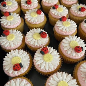 Fondant Daisy With Ladybug Flower Cupcake, Cookie or Mini-cake