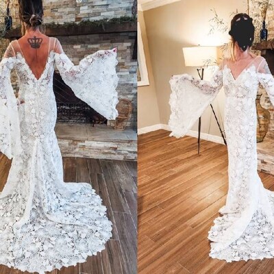 Lace Bodice Plunging V-neck Dress With Slit Peach