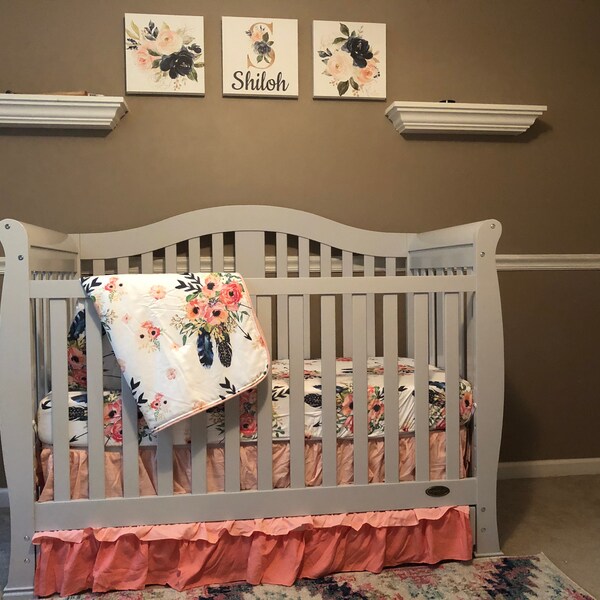 Floral Girl Nursery Wall Art Watercolor Pink Coral Blush Navy Blue Gold ...