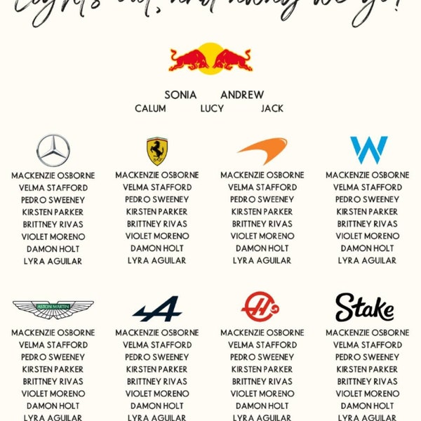 Custom F1 / Formula 1 / Racing Wedding Seating Plan / Seating Chart ...