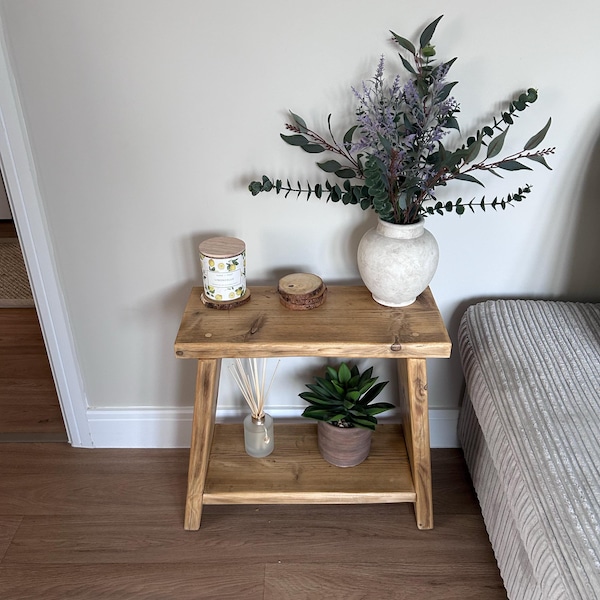 Handmade Rustic Wooden Milking Stool | Milkmaid Side Table With Shelf ...