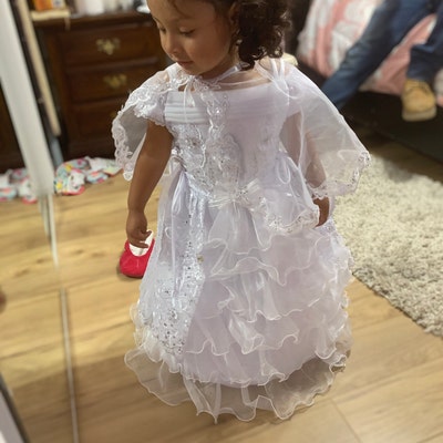 BluNight Collection Little Girl's Baptism Dress - Spaghetti Strap With Virgin Mary Embroidery & Organza Cape - View #10