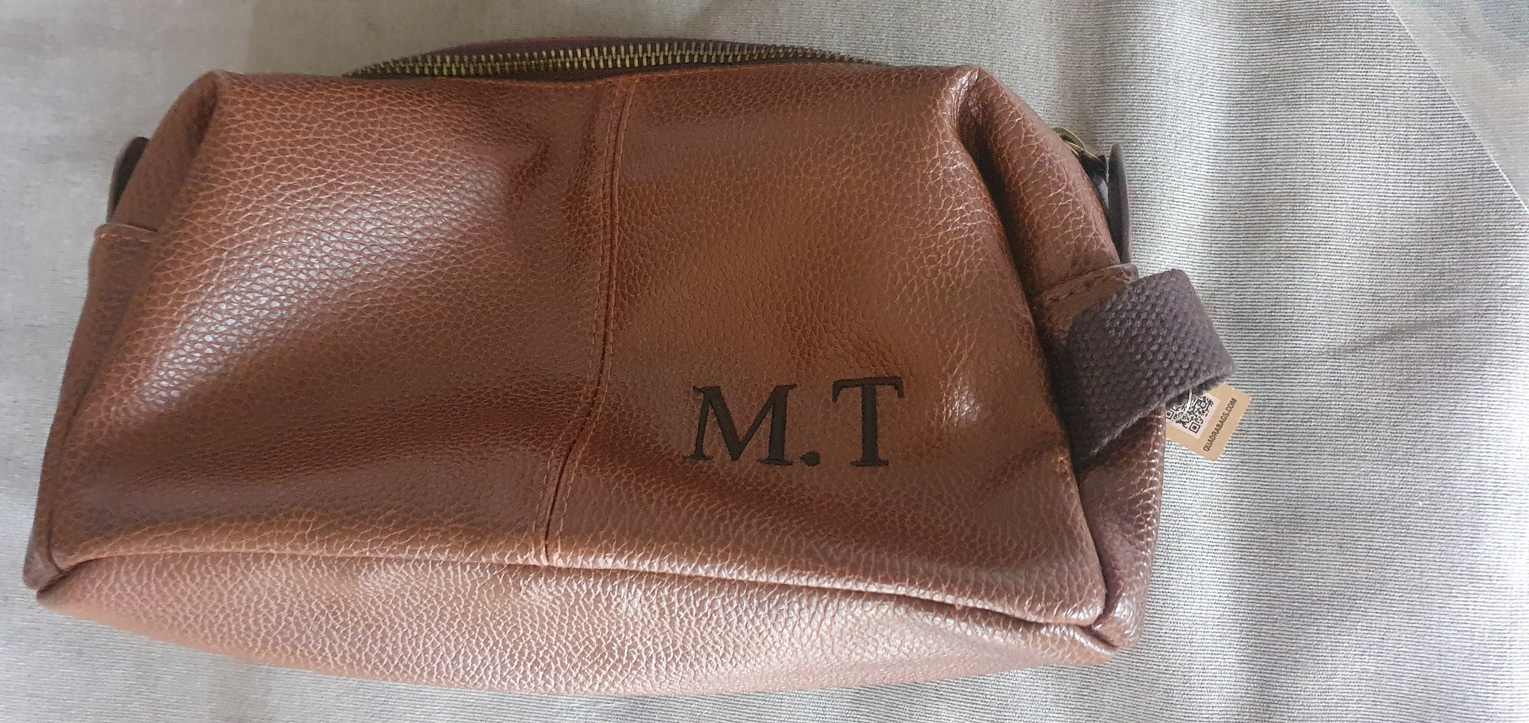 Personalised Embroidered Mens Leather Wash Bag with Strap Black or Brown - Mens Vegan Leather Toilet Bag Embroidered with Initials