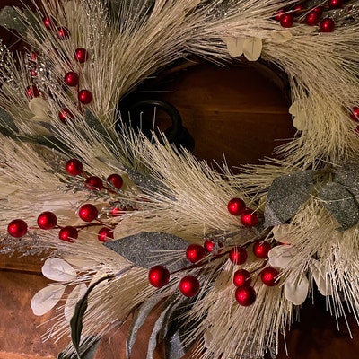 Rustic Fall Winter Wreath for Front Door With Berries, Red and Beige ...