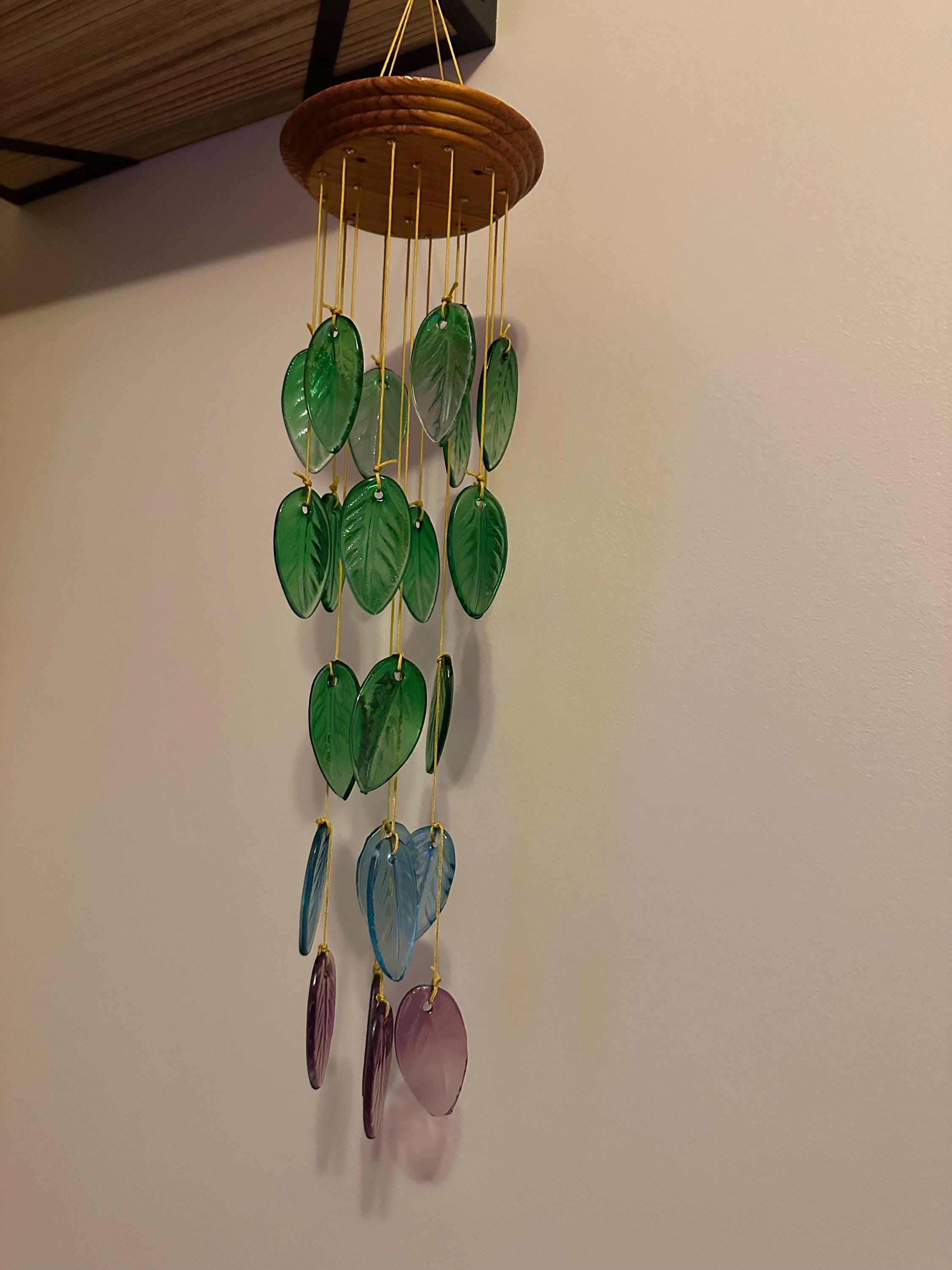 Rainbow colored Glass Leaves Wind Chime, Free Shipping.  Personalized Card on Request. Gift for  Mother. Father, Mom or Friend. Upcycle Art.
